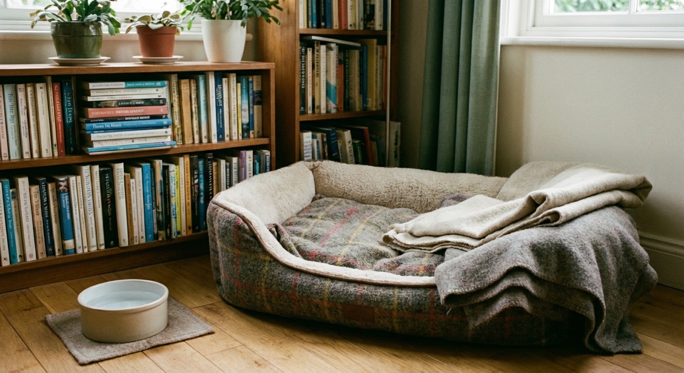 A calm home corner with an orthopedic dog bed, soft blankets, and a water bowl nearby