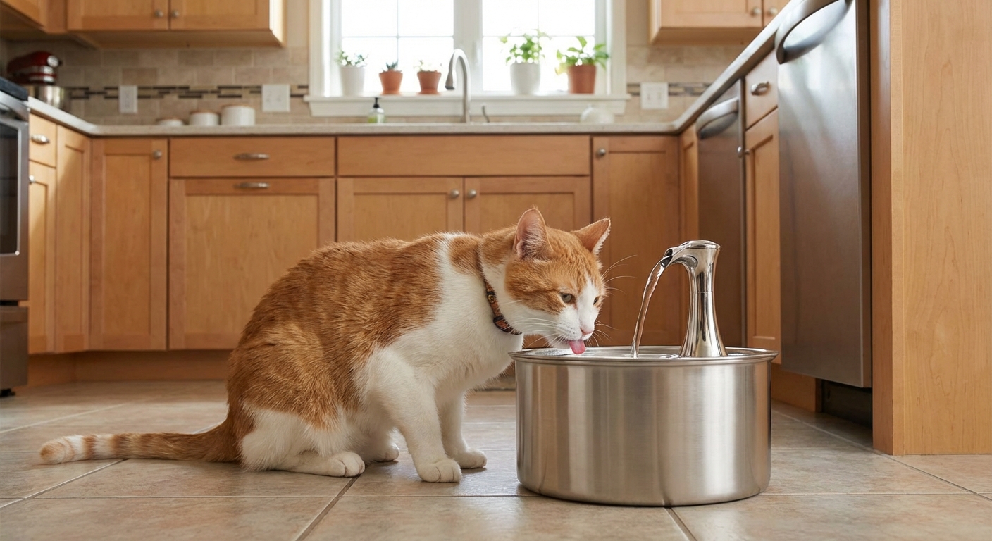 A calm indoor cat drinking from a stainless steel pet water fountain in a kitchen
