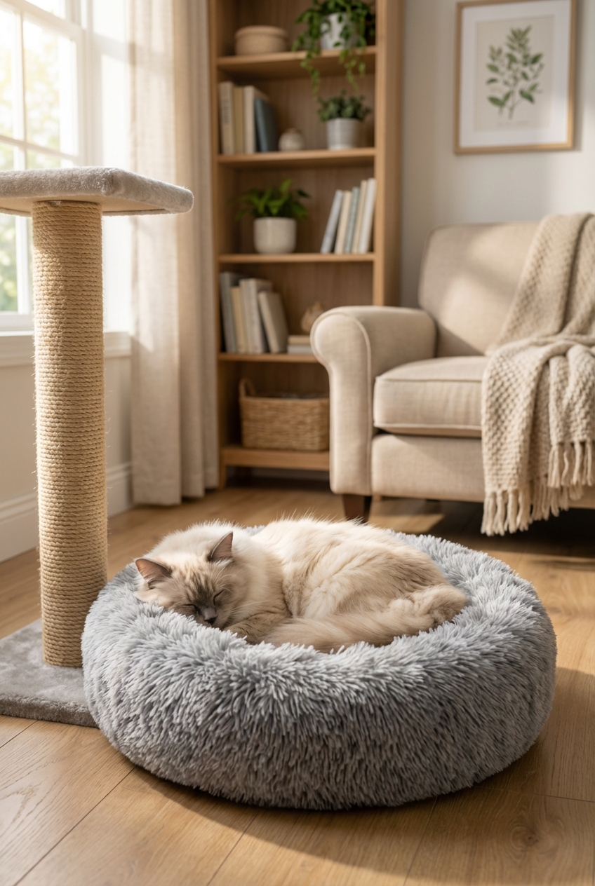 A calm indoor cat resting on a plush cat bed next to a scratching post in a softly lit living room