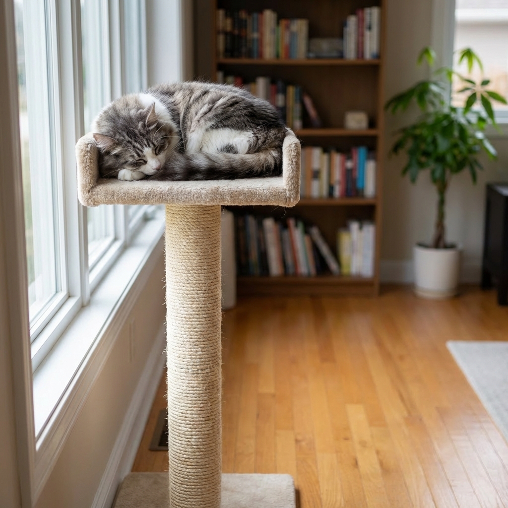 A calm indoor cat resting on a tall cat tree near a window in a quiet living room