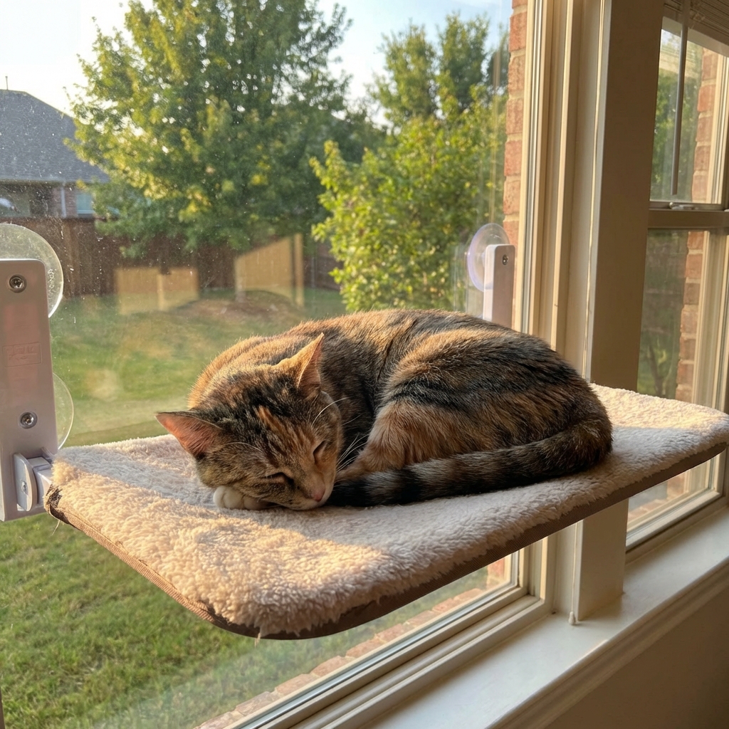 A calm indoor cat sitting on a window perch with sunlight coming through the window