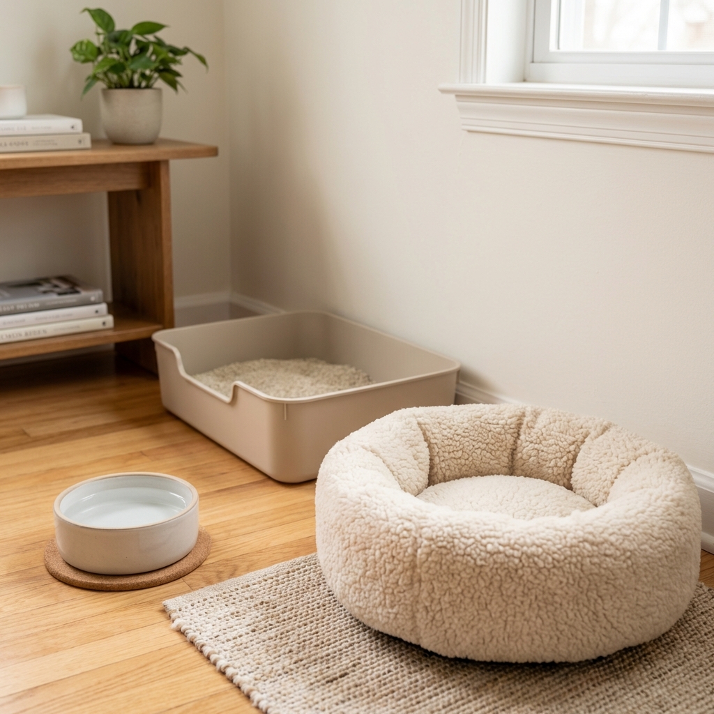 A calm indoor corner with a cat bed, water bowl, and a low-sided litter box nearby