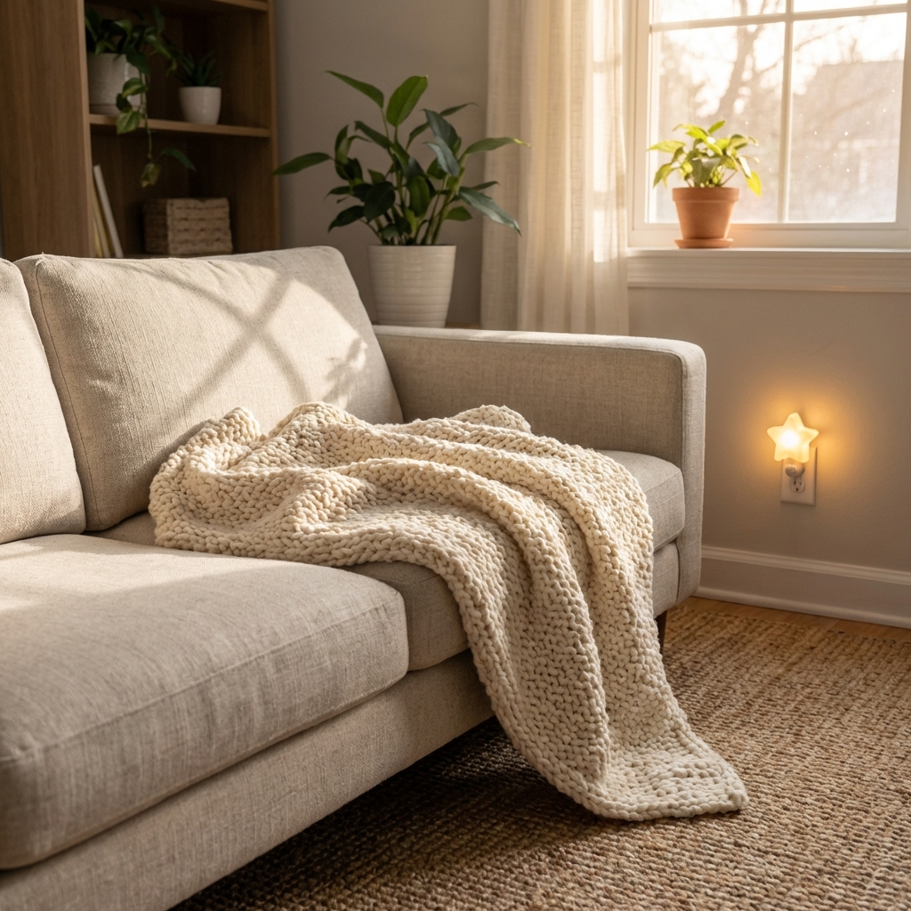 A calm living room with a soft blanket on a couch where a cat could rest comfortably