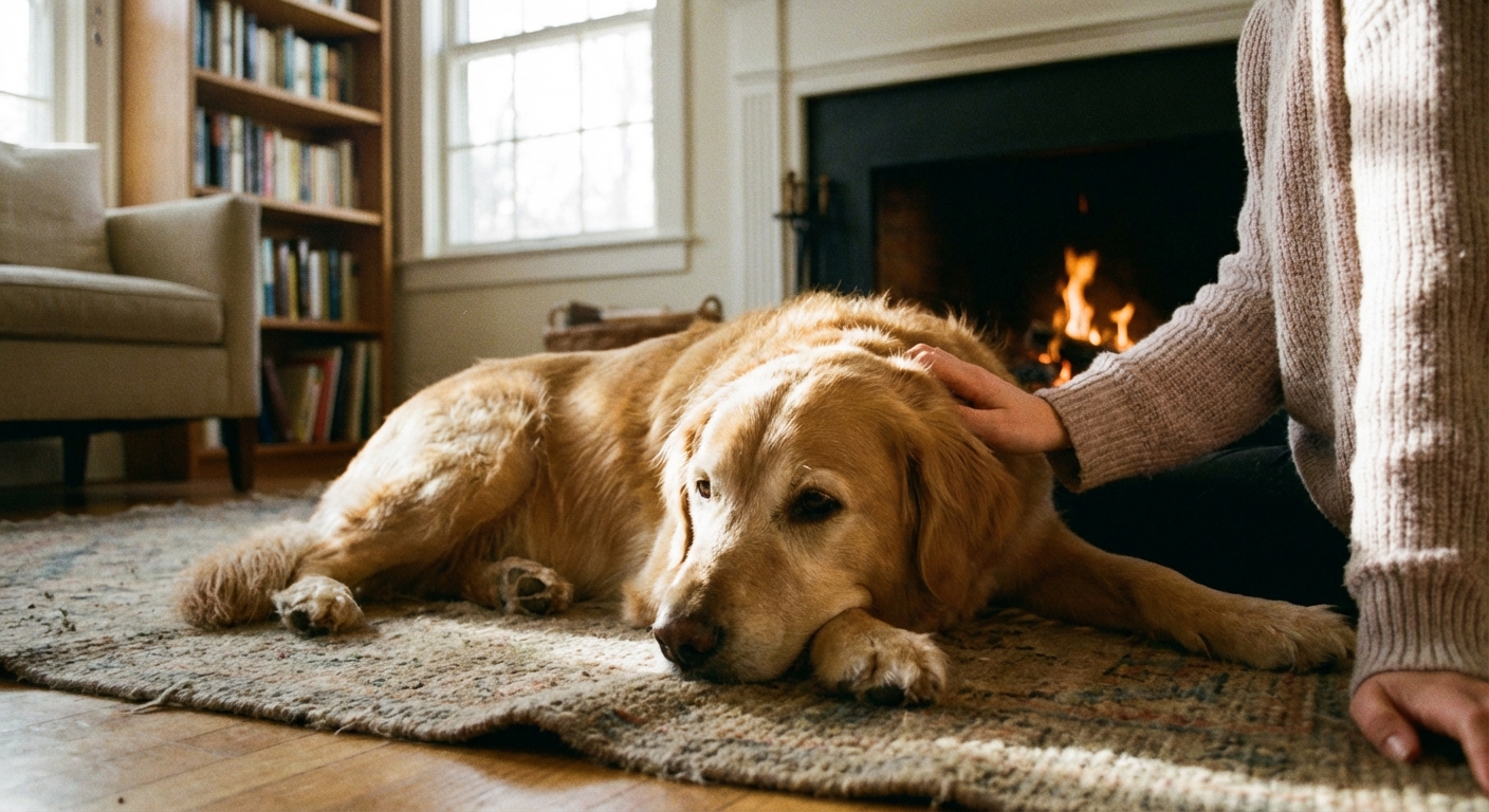 A calm medium-sized dog resting on a living room rug while a person gently pets its shoulder