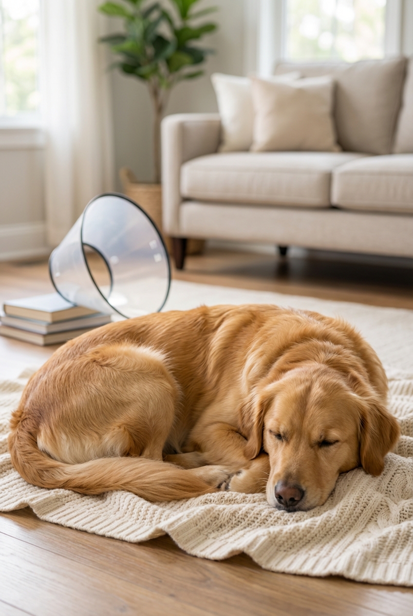 A calm medium-sized dog resting on a soft blanket in a quiet living room with an Elizabethan collar nearby