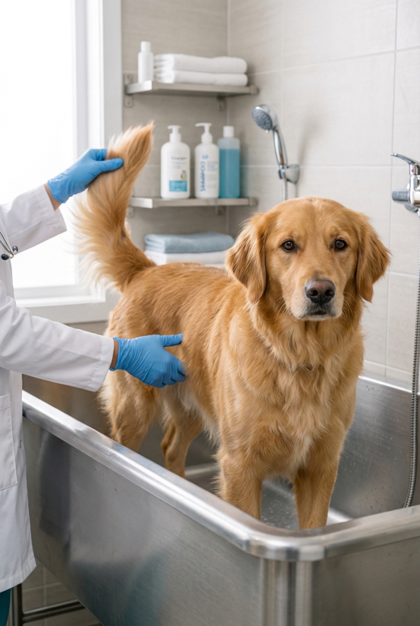A calm medium-sized dog standing in a bathtub while a gloved person gently lifts the tail for inspection