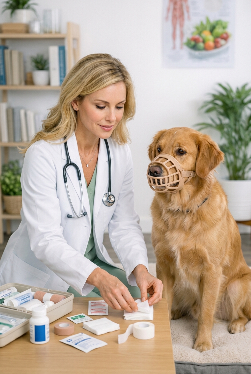 A calm medium-sized dog wearing a basket muzzle while an owner prepares first aid supplies