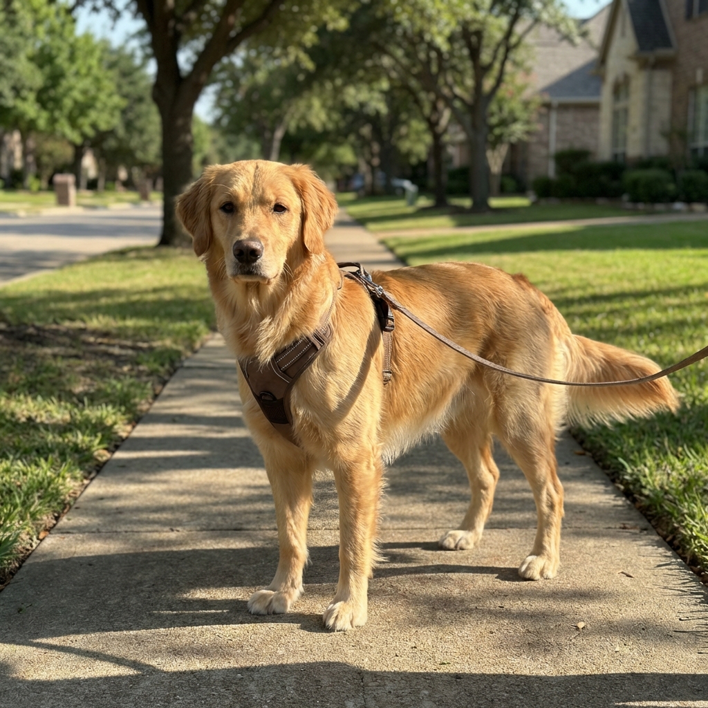 A calm medium-sized dog wearing a harness standing on a shaded sidewalk during a gentle walk
