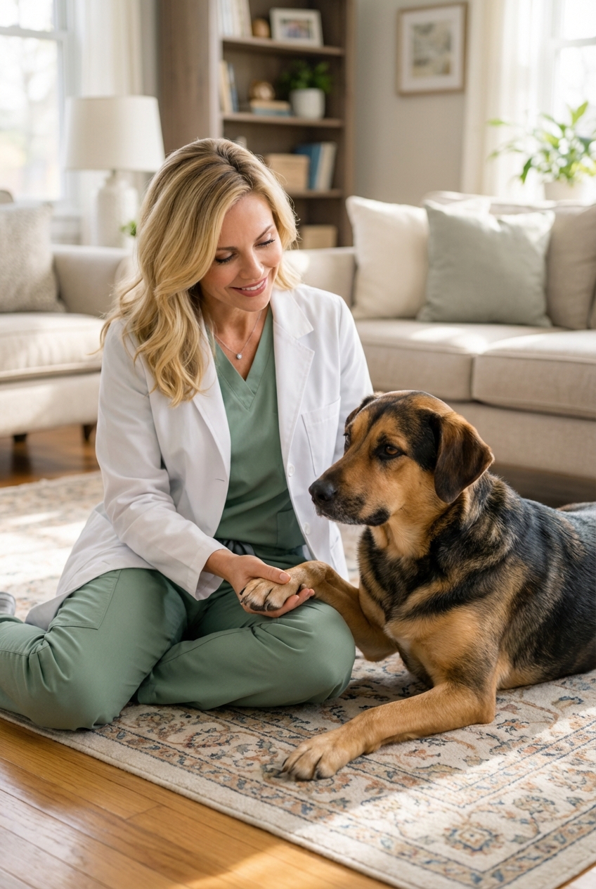 A calm mixed-breed dog lying on a living room floor while a person gently holds its paw