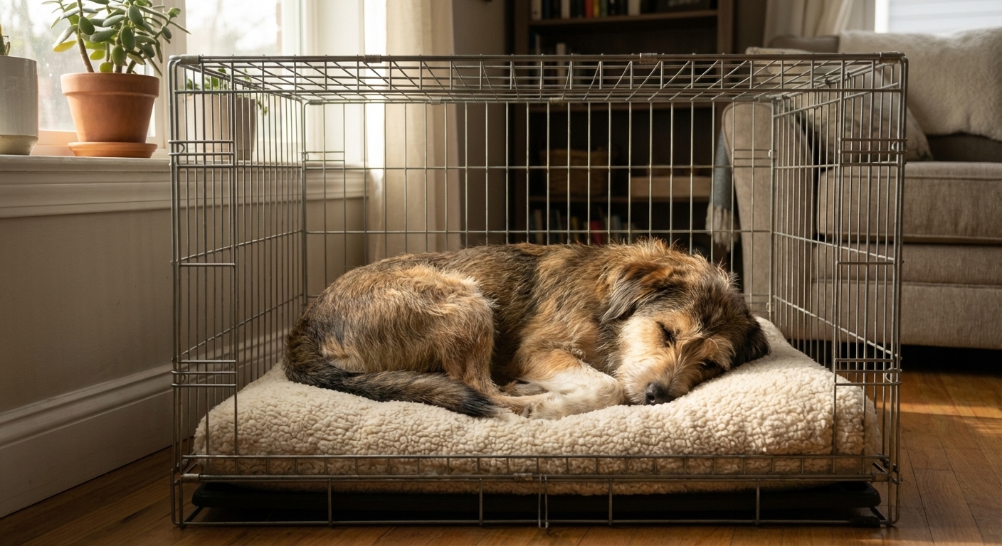 A calm mixed-breed dog resting comfortably inside a crate with a soft bed in a quiet living room, natural window light, real-life photo