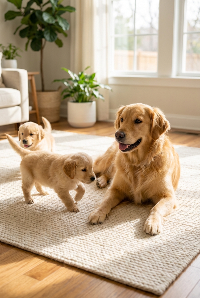 A calm mother dog lying on a clean rug while two puppies toddle nearby in a bright home setting