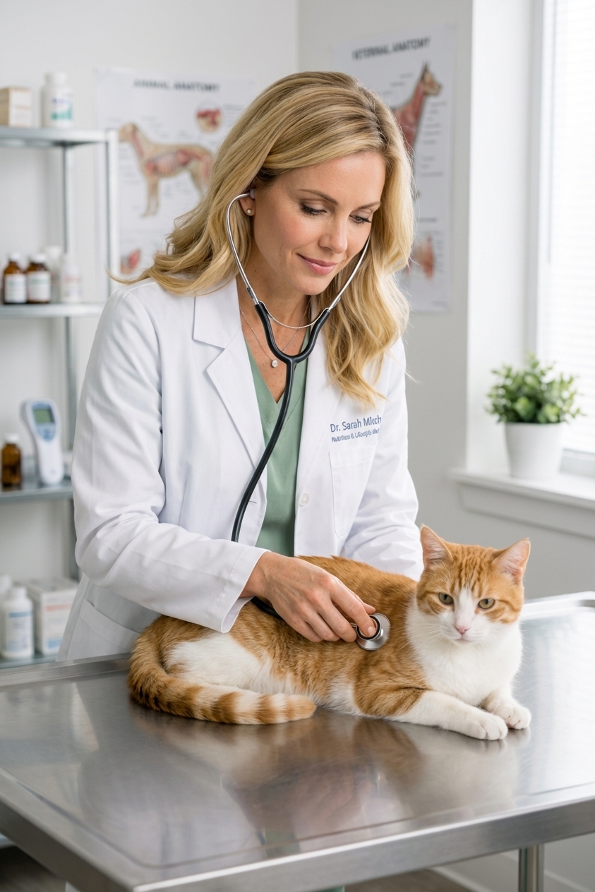 A calm orange-and-white cat resting on a stainless steel veterinary exam table while a veterinarian gently listens with a stethoscope, real clinic photo