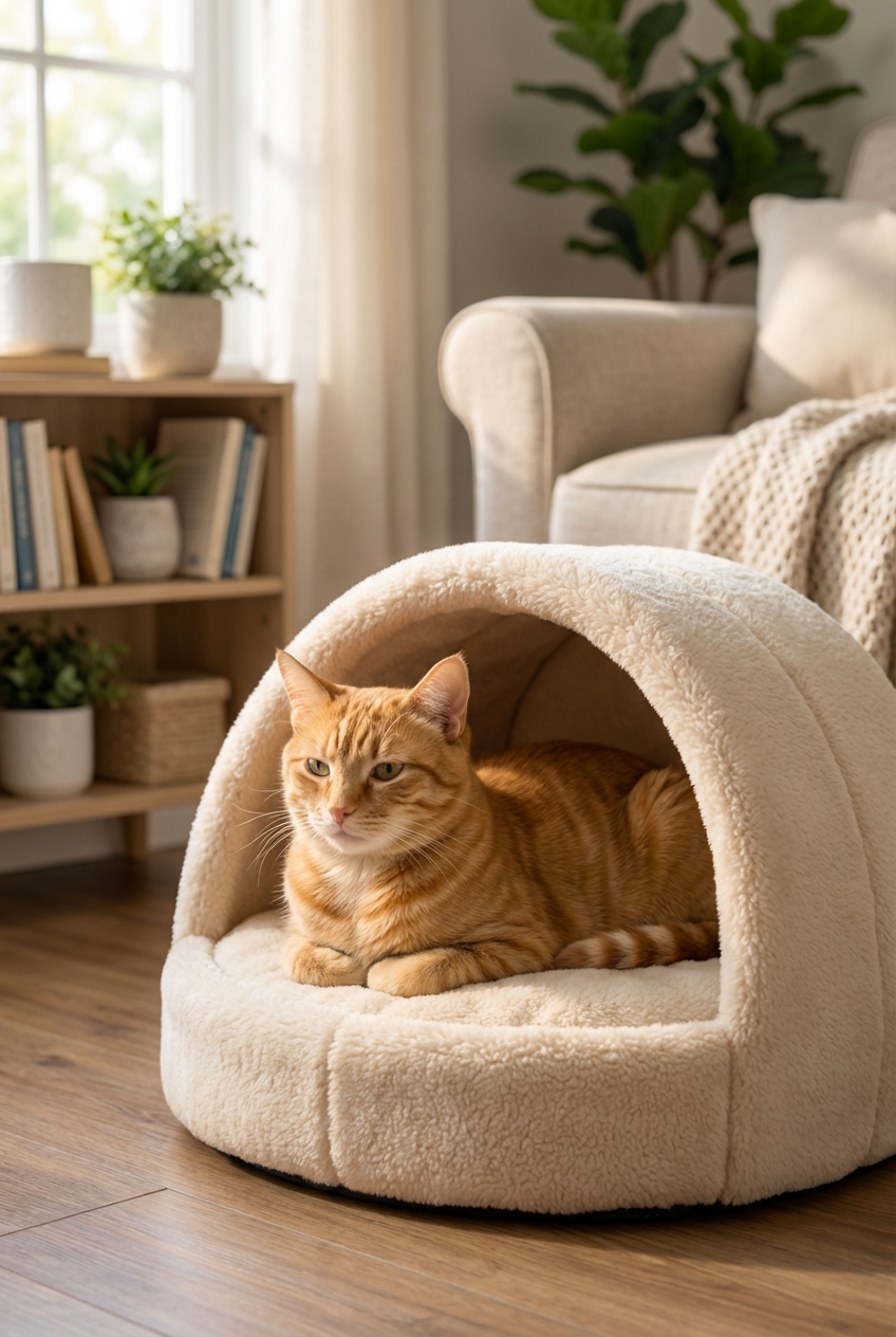 A calm orange cat resting in a cozy covered cat bed in a quiet living room
