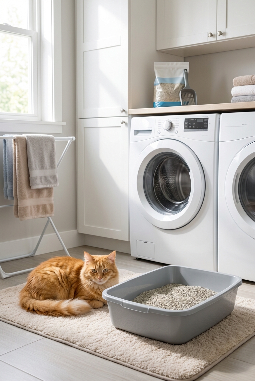 A calm orange cat sitting near a clean uncovered litter box in a bright laundry room