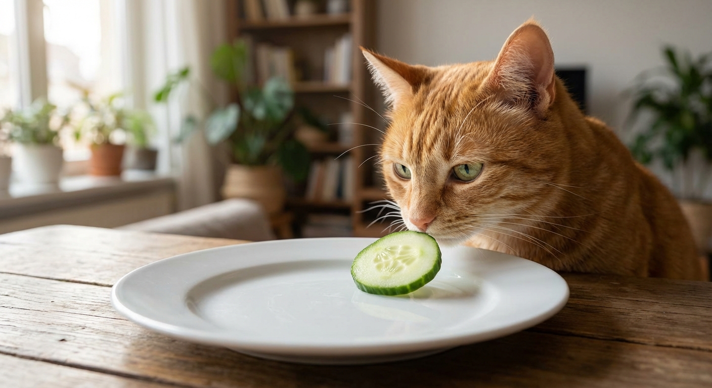 A calm orange cat sniffing a thin cucumber slice on a white plate in soft window light