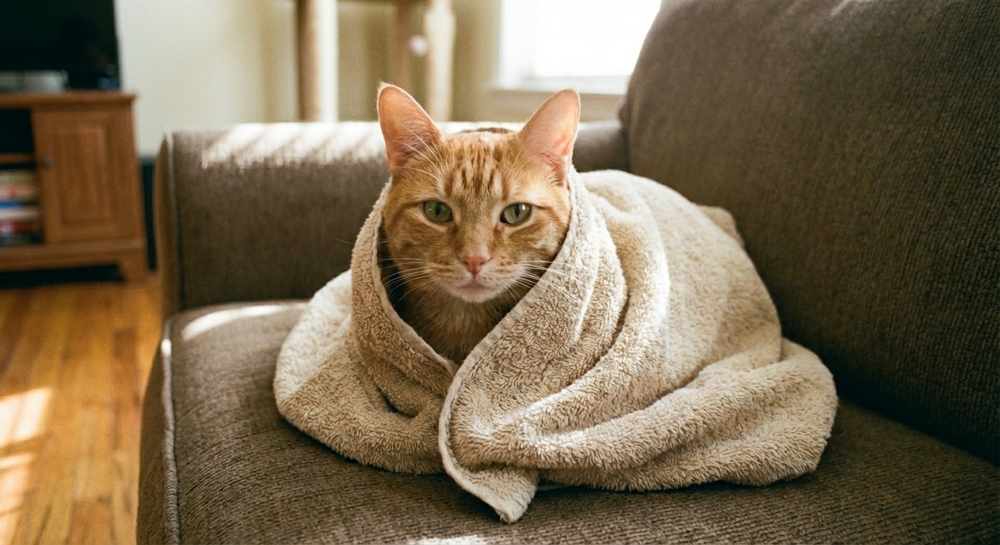 A calm orange cat wrapped in a towel with its head out while sitting on a couch