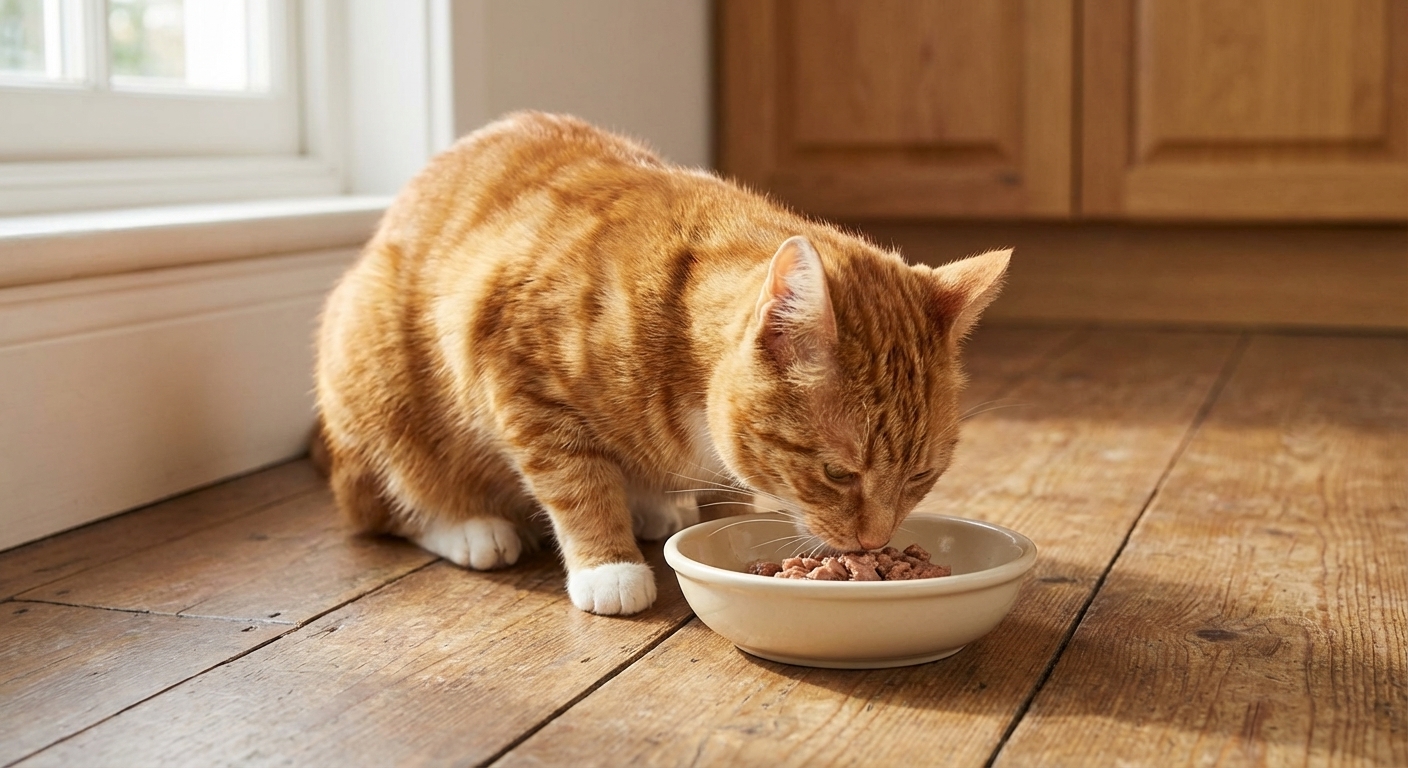 A calm orange tabby cat eating a small portion of wet food from a ceramic bowl on a kitchen floor, natural light, realistic photography