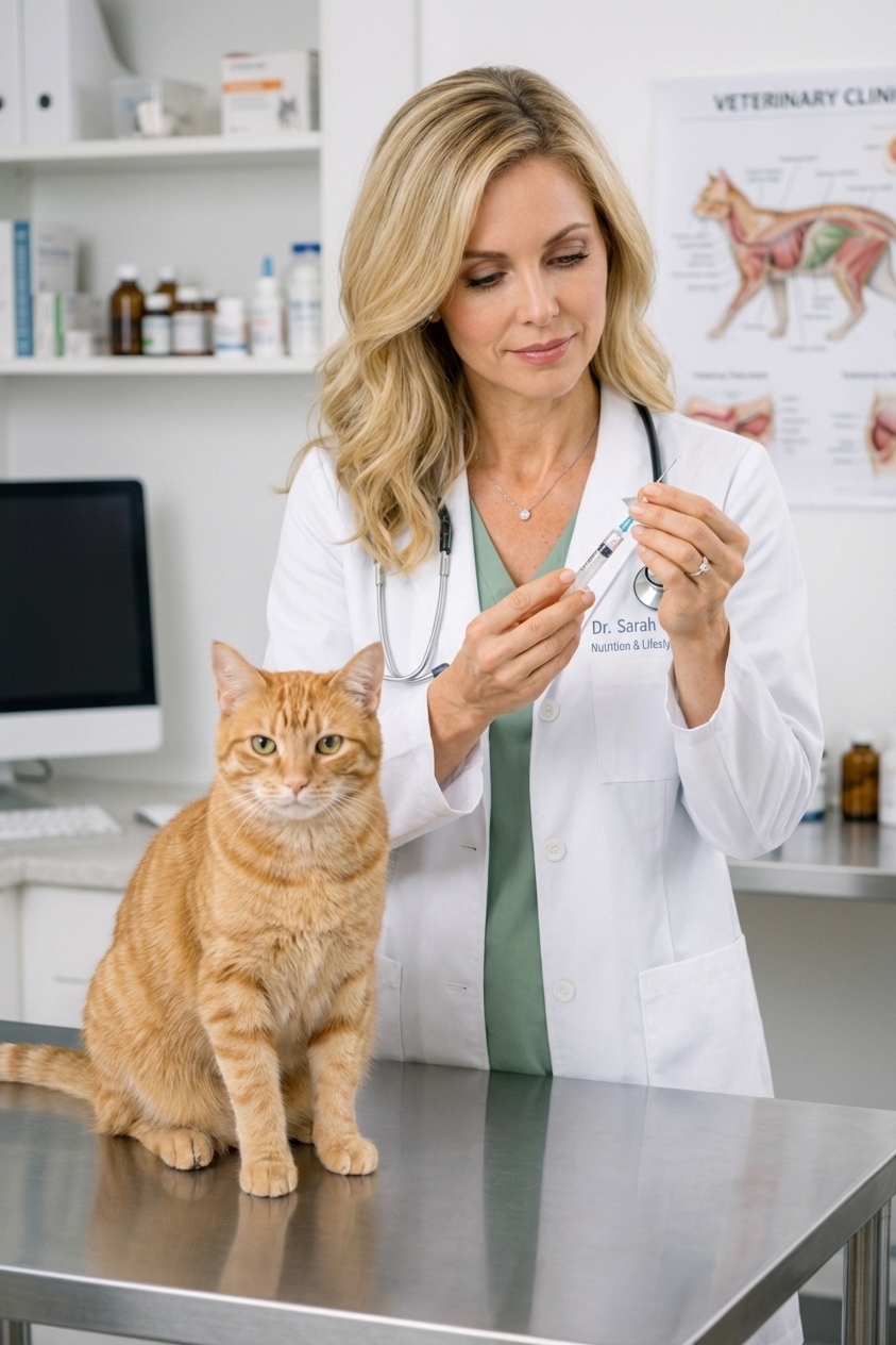 A calm orange tabby cat on an exam table while a veterinarian prepares a microchip syringe, realistic veterinary clinic photo