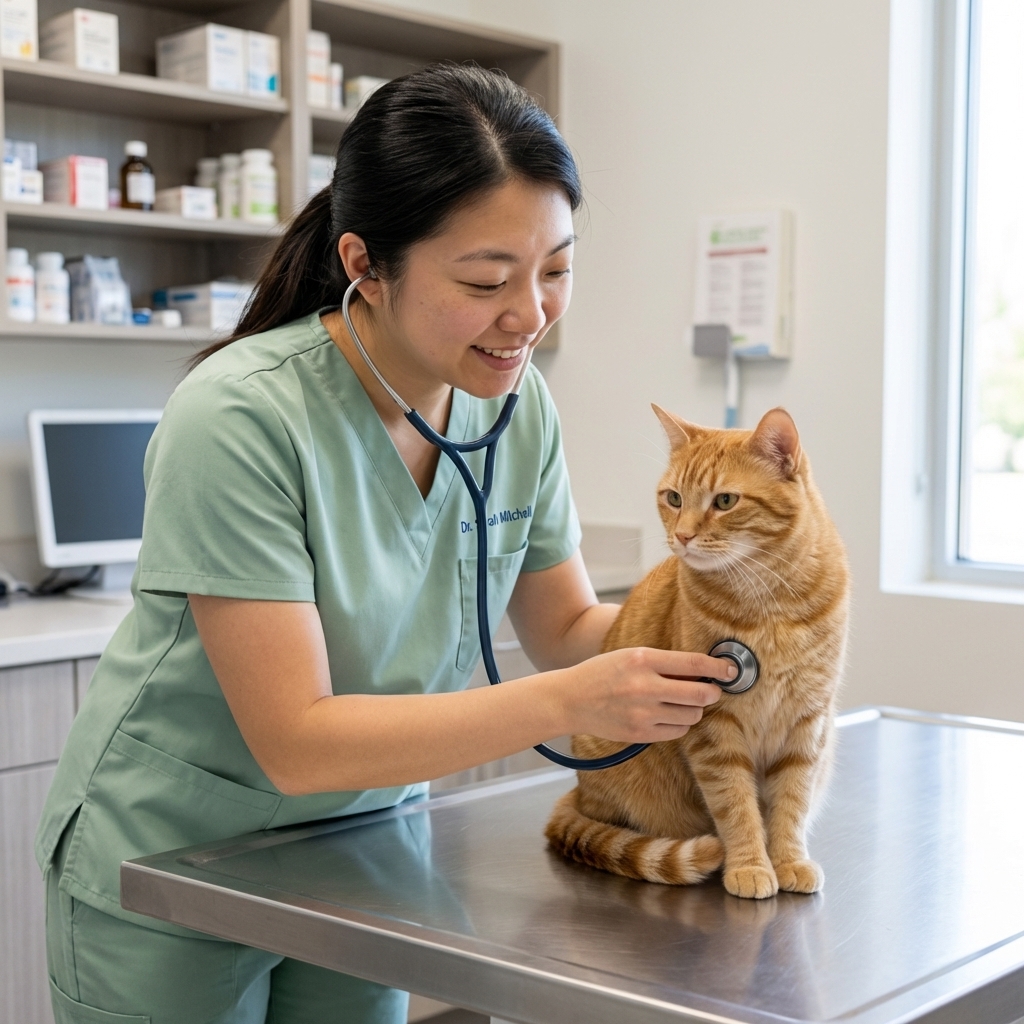 A calm orange tabby cat sitting on a stainless steel exam table in a bright veterinary clinic exam room while a veterinarian in scrubs gently listens with a stethoscope, realistic photography