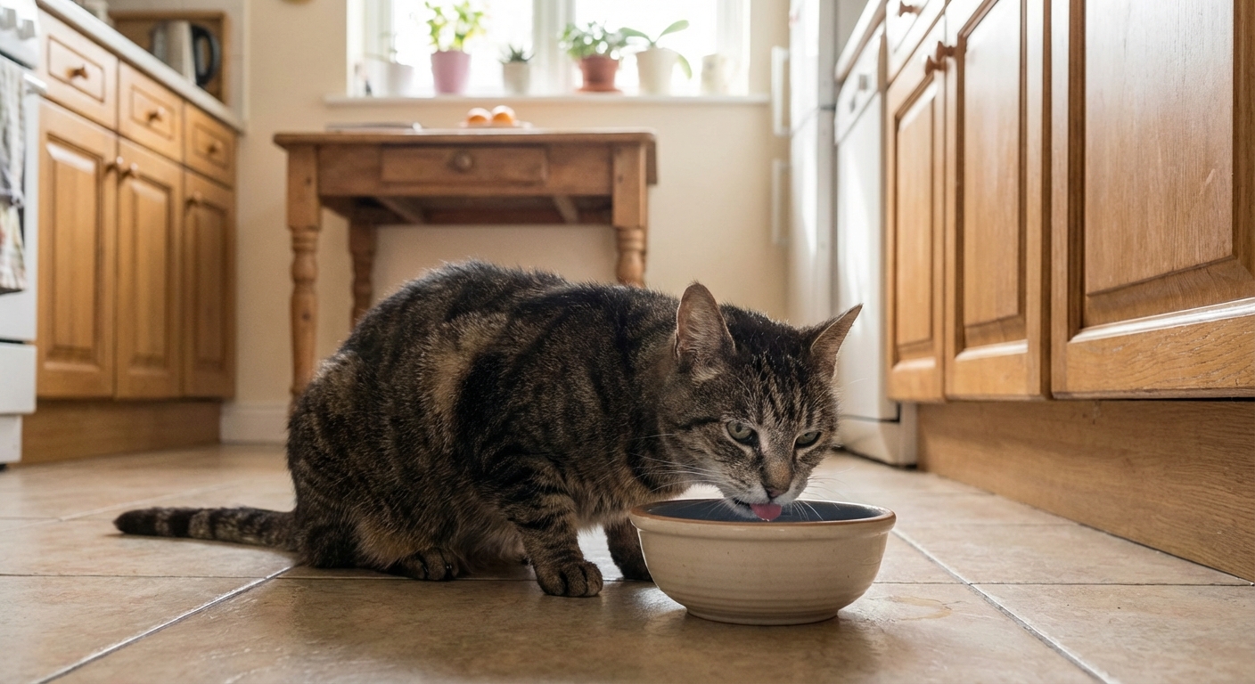 A calm senior cat drinking water from a bowl in a quiet kitchen