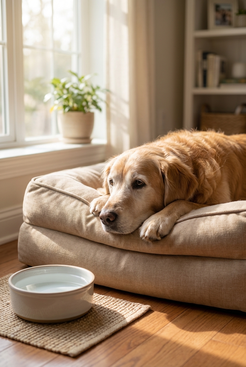 A calm senior dog lying on a dog bed with a water bowl nearby in soft natural window light