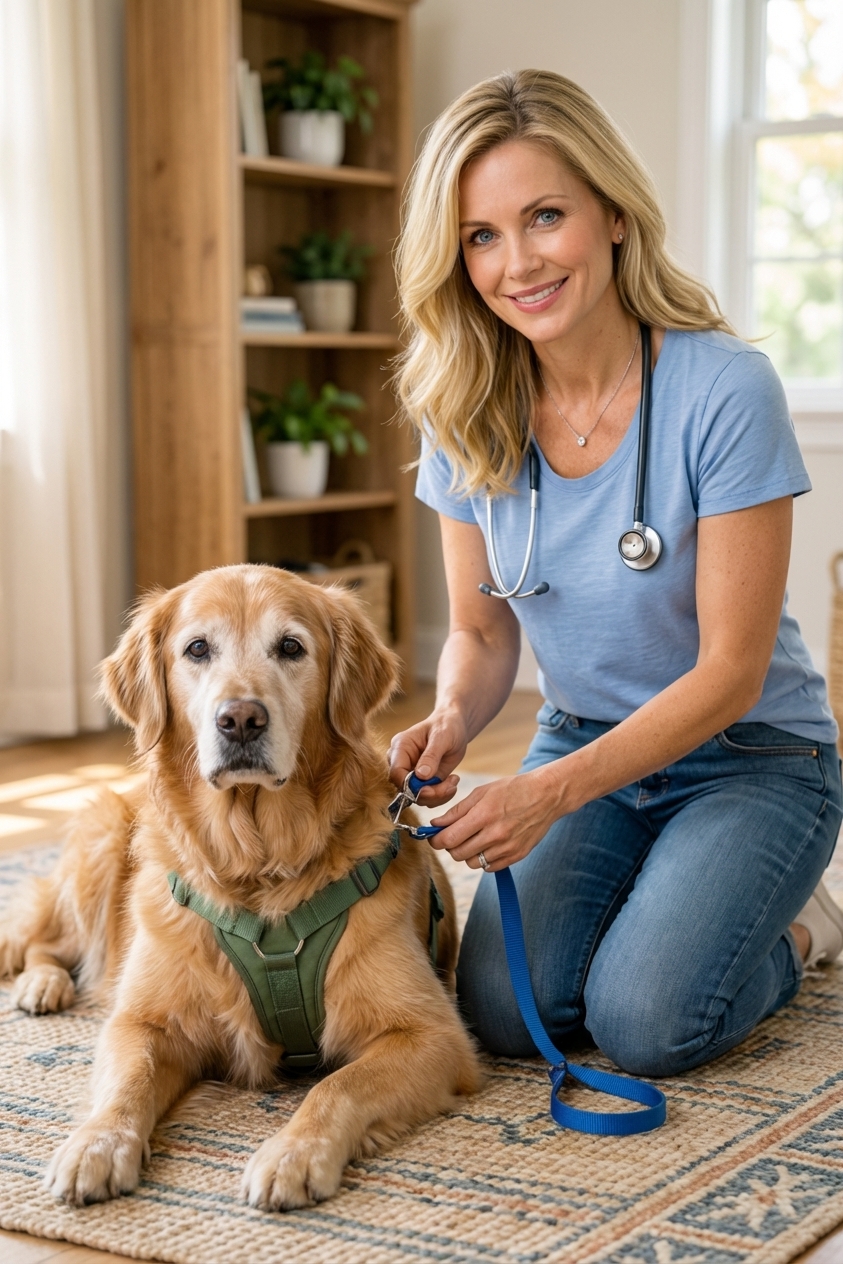 A calm senior dog resting on a rug while a person clips a leash onto a harness