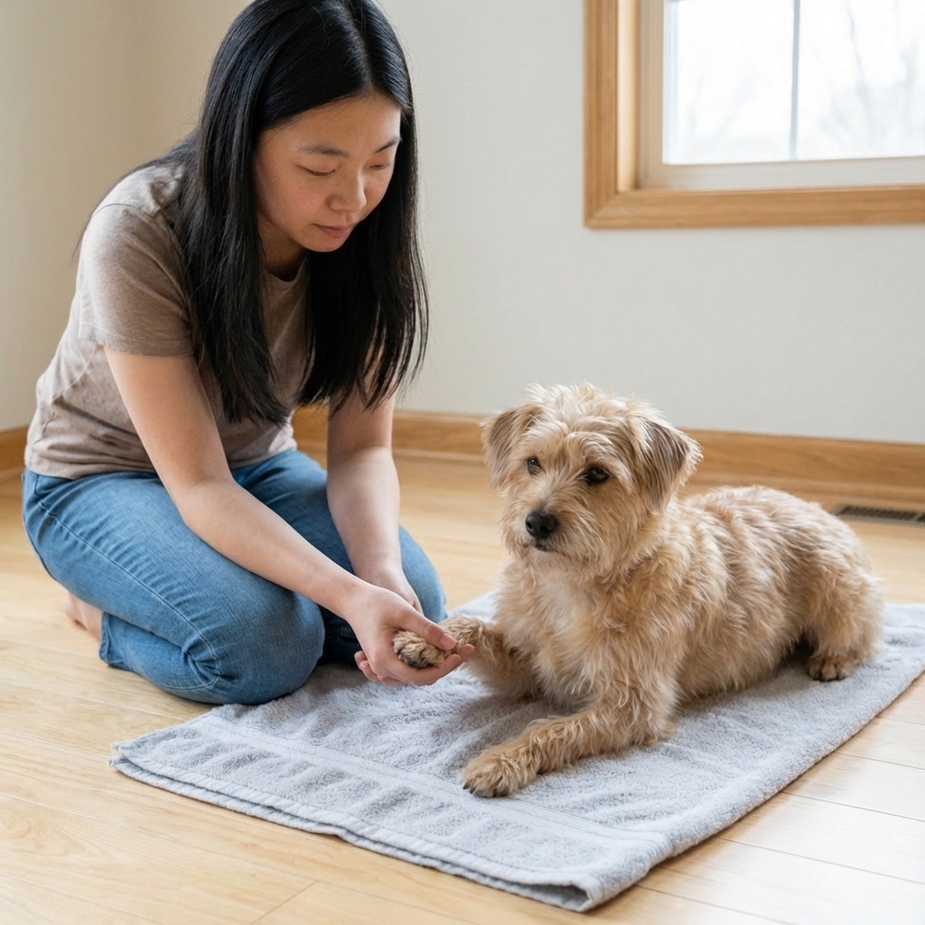 A calm small dog lying on a towel while a person steadies the paw with one hand