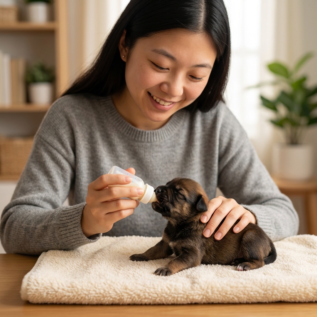A caregiver bottle-feeding a warm orphaned newborn puppy while the puppy lies on its belly on a towel