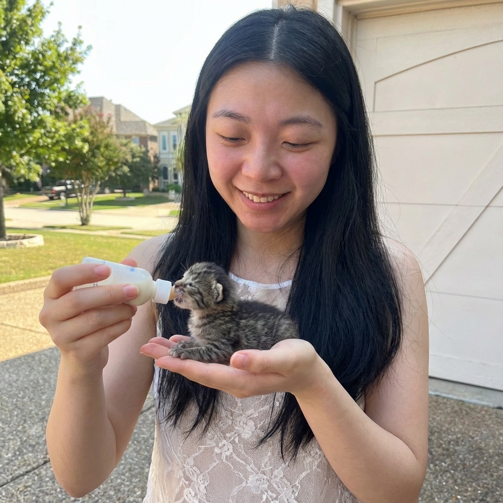 A caregiver gently holding a newborn kitten belly-down while offering a small bottle