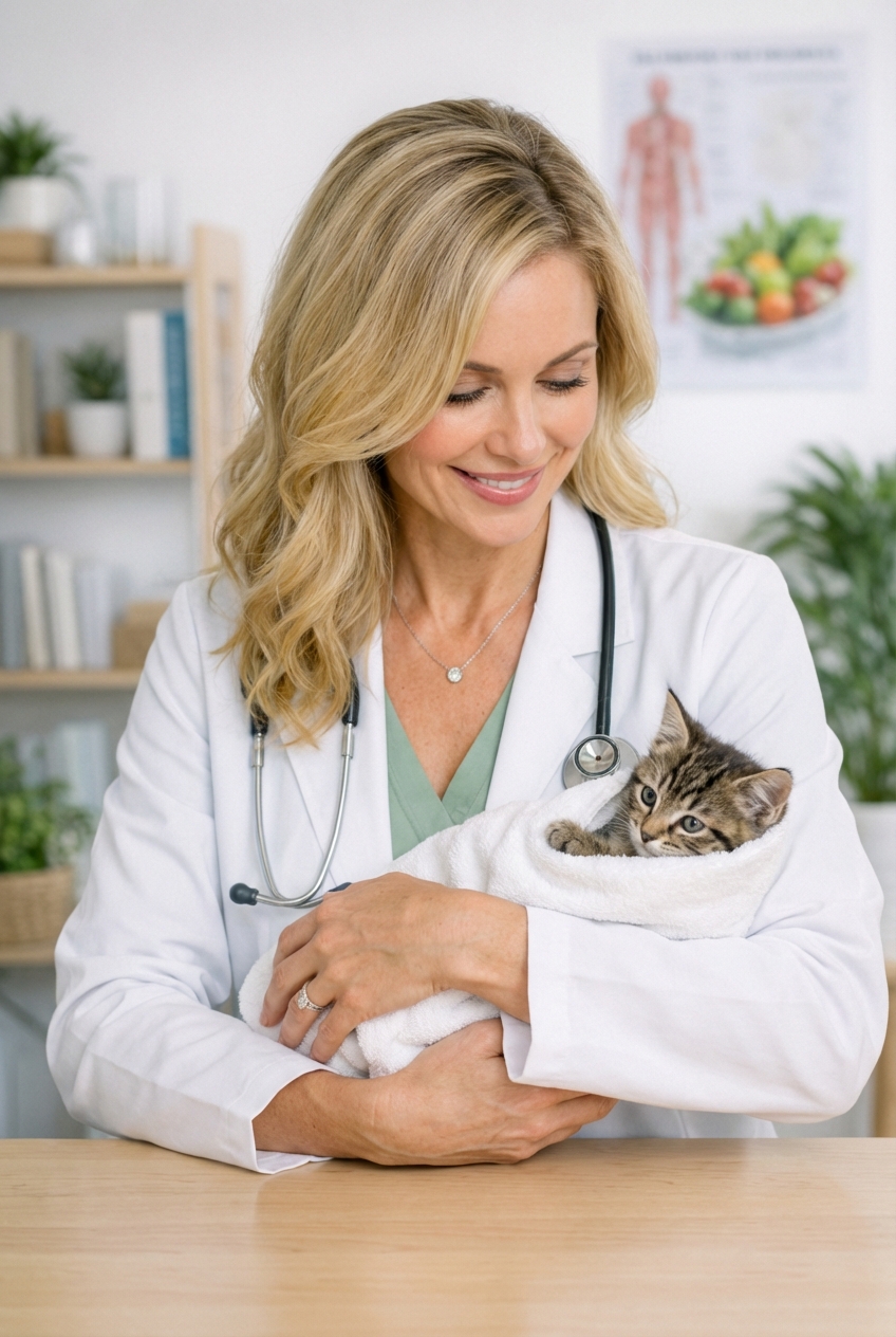 A caregiver gently holding a small kitten wrapped in a soft towel