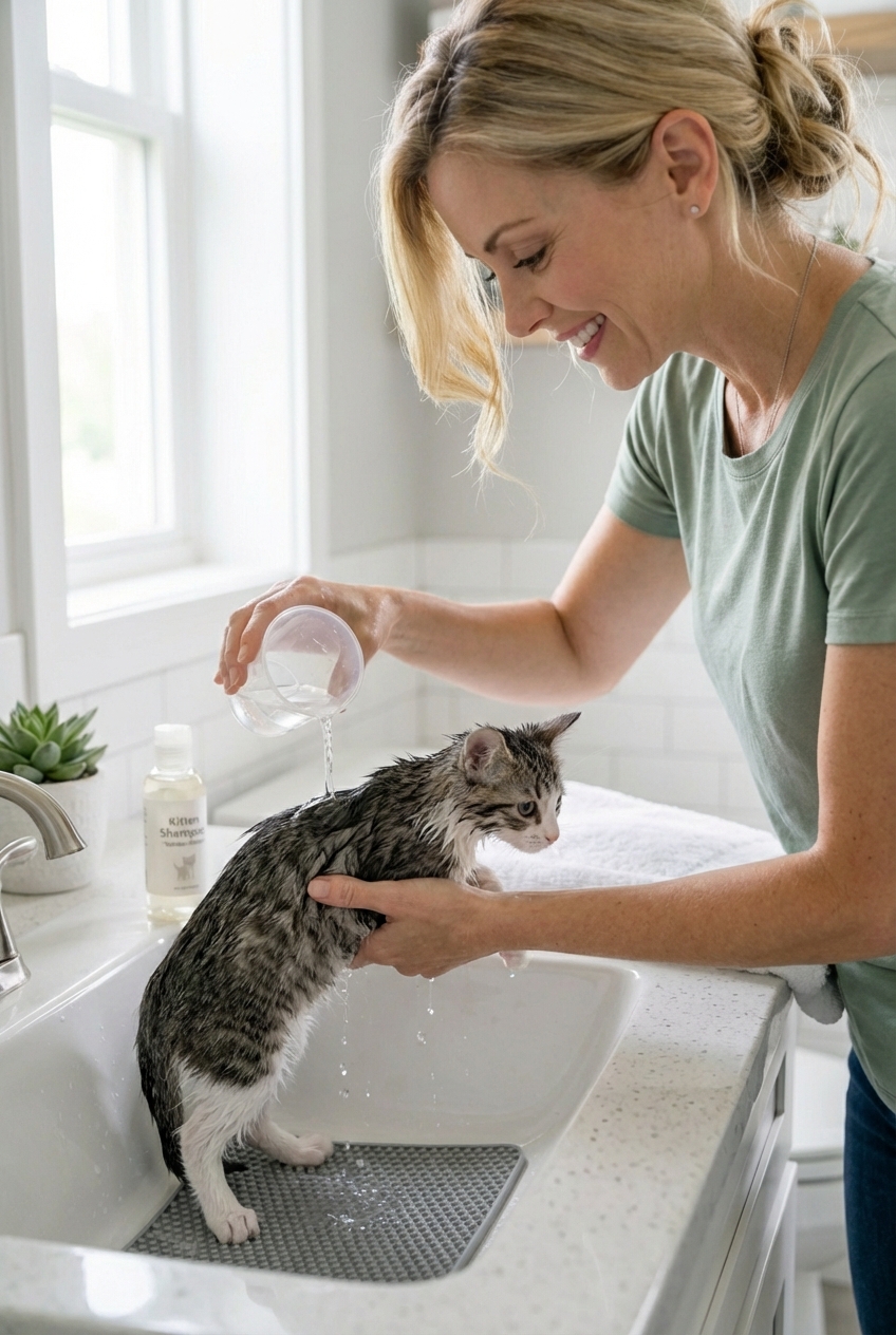 A caregiver gently rinsing a kitten in a sink using a small plastic cup while supporting the kitten's chest
