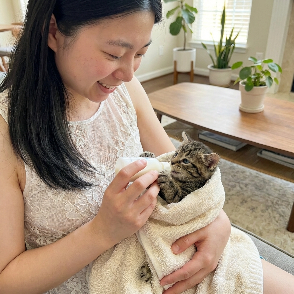 A caregiver holding a kitten belly-down on a towel while offering a small nursing bottle