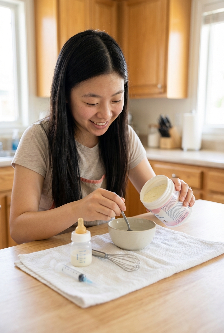 A caregiver preparing kitten formula next to a small feeding bottle on a clean towel