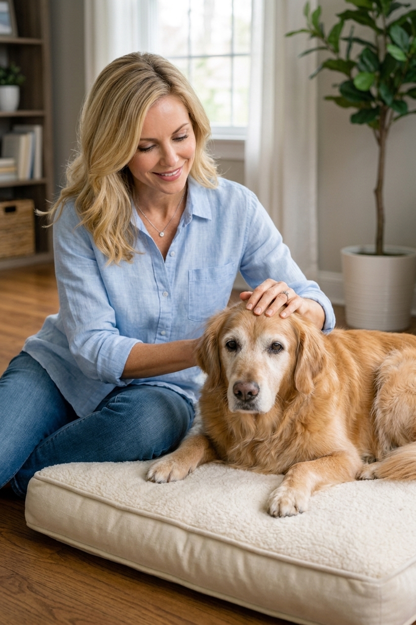 A caregiver sitting on the floor beside a senior dog, gently petting the dog’s head while the dog rests on a cushioned bed in a quiet room, real photograph style