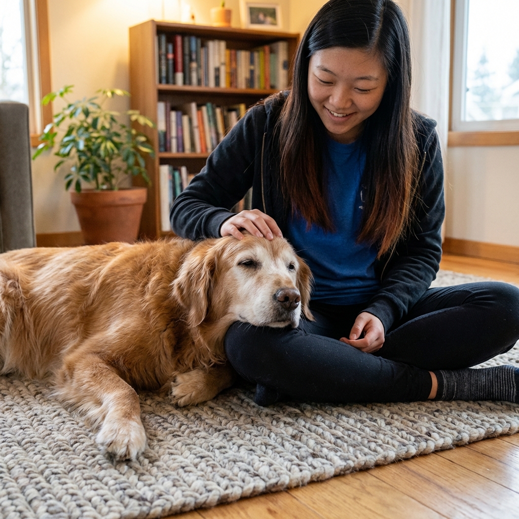 A caregiver sitting on the floor gently petting a senior dog who is resting calmly on a rug