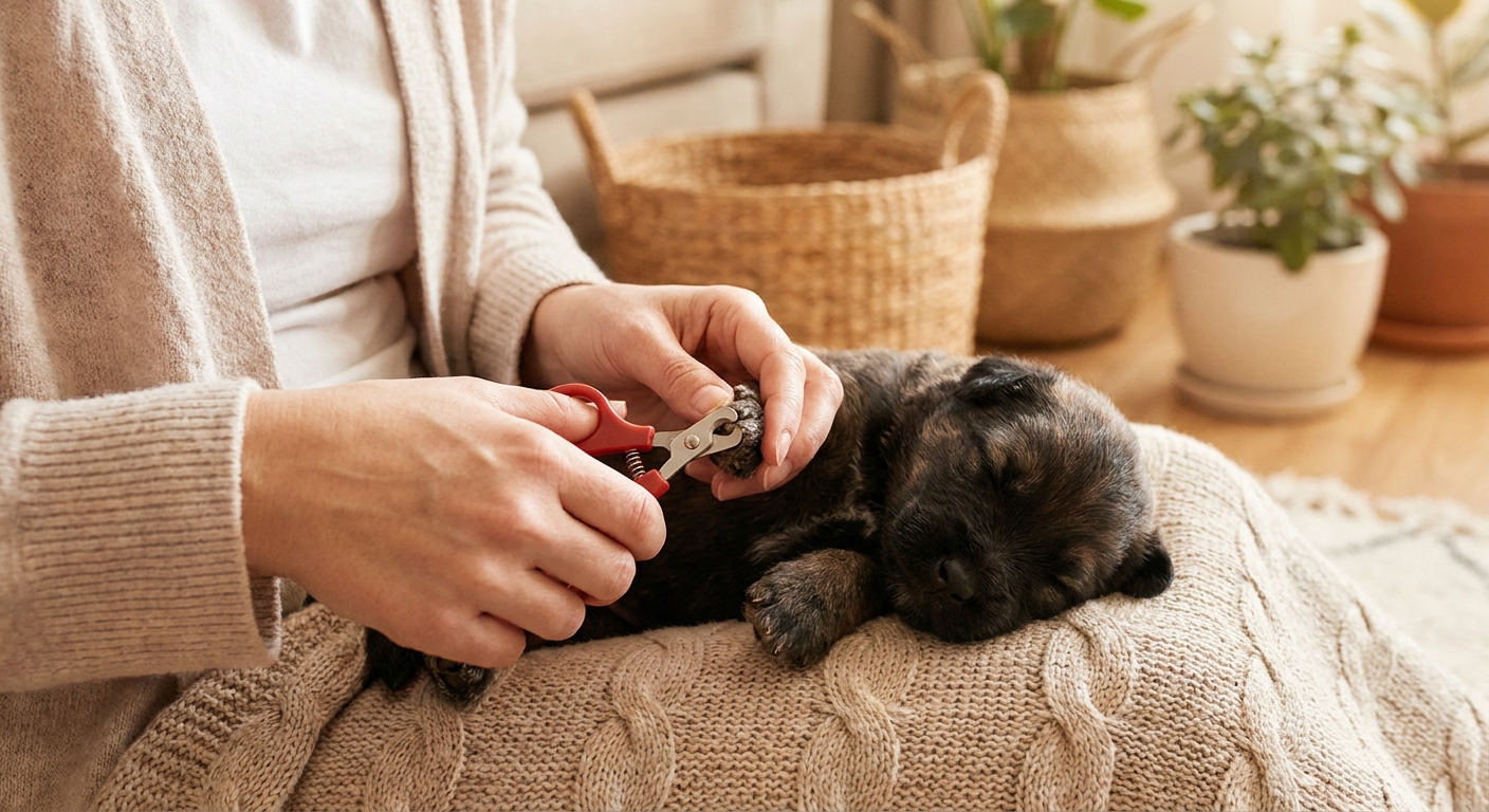 A caretaker gently trimming the tiny nails of a newborn puppy with small pet nail clippers in a warm indoor space.