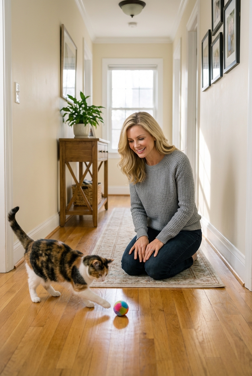 A cat and owner in a quiet hallway with a small soft ball on the floor