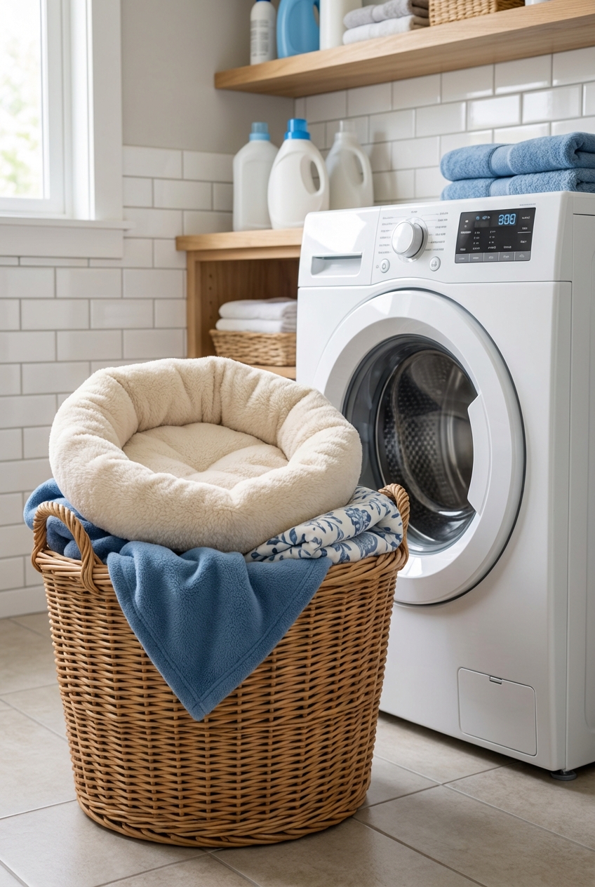 A cat bed and blankets inside a laundry basket next to a washing machine