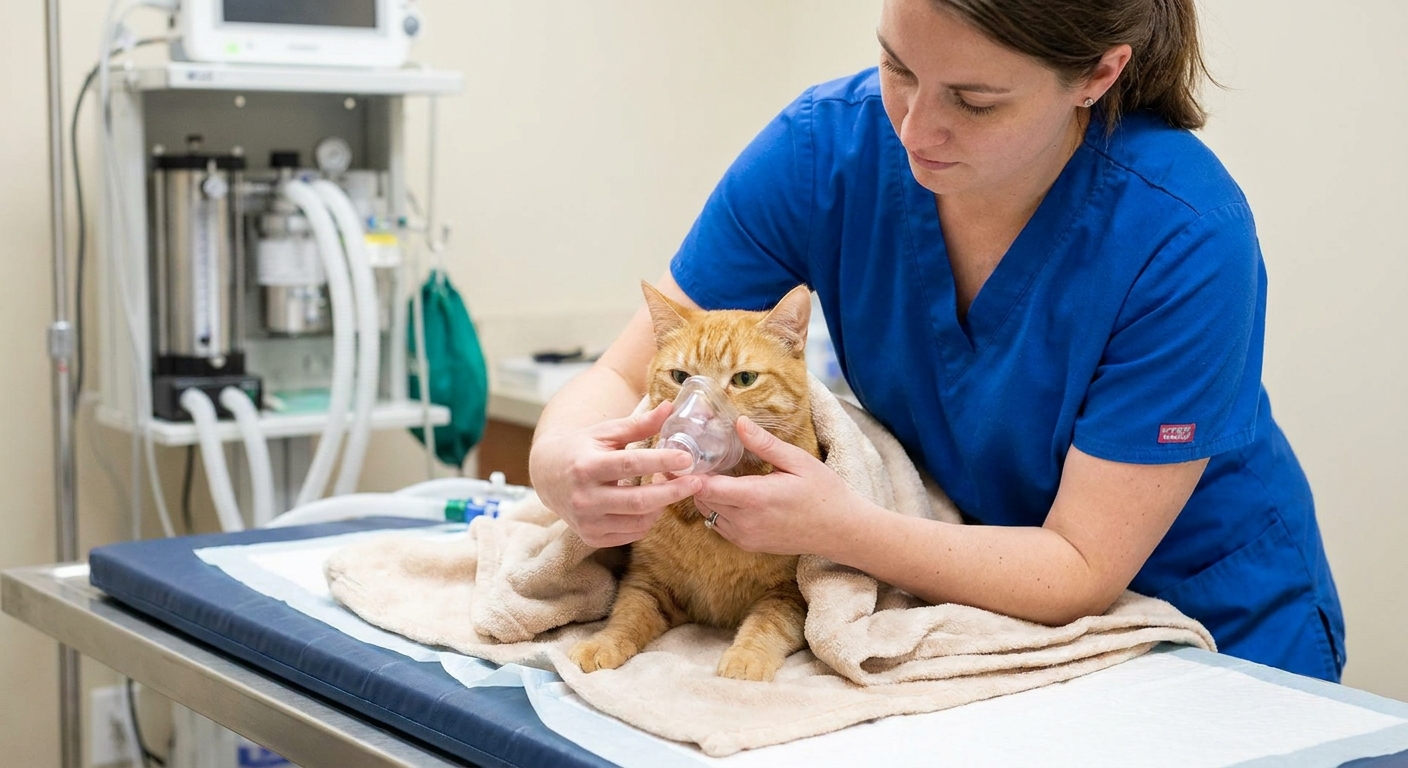 A cat being gently prepared for anesthesia by a veterinary technician on a padded table in a veterinary clinic