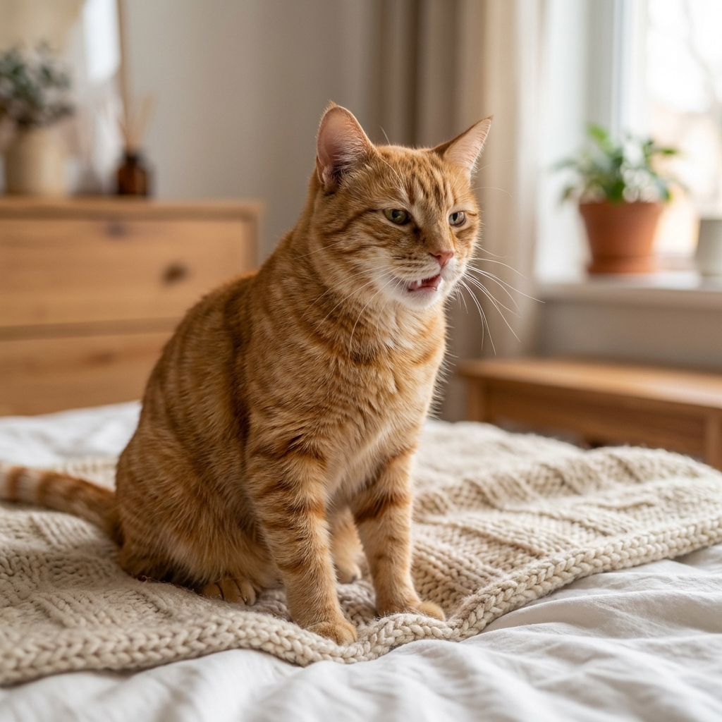 A cat breathing with noticeable effort while sitting upright on a bed