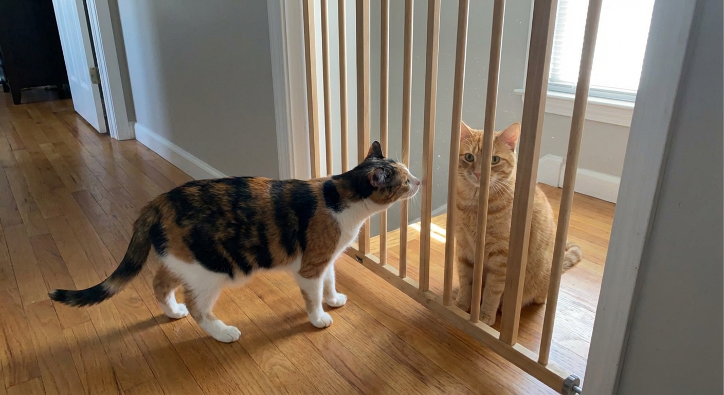 A cat calmly sniffing near a baby gate while another cat watches from the other side