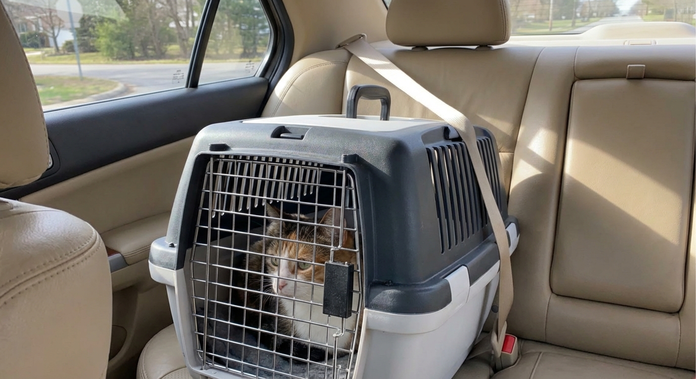 A cat carrier secured with a seat belt on a car seat during a quiet ride home