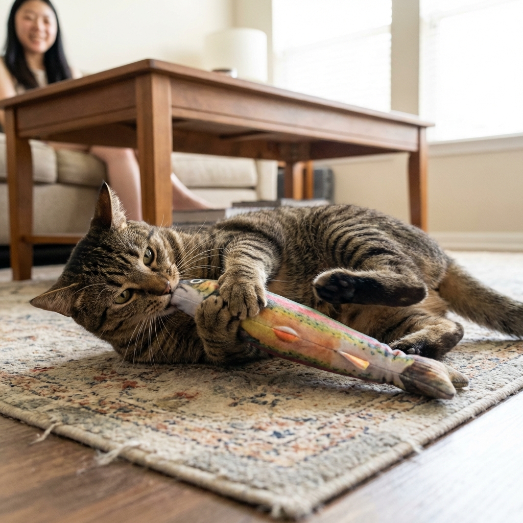 A cat clutching a plush kicker toy with its front paws while bunny-kicking with its back legs