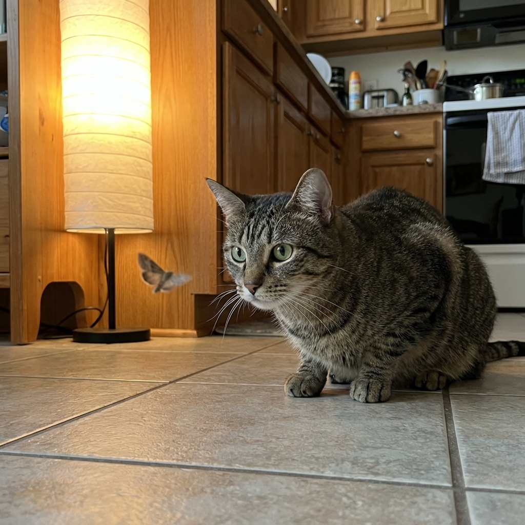 A cat crouched on a kitchen floor watching a small flying insect near a light source