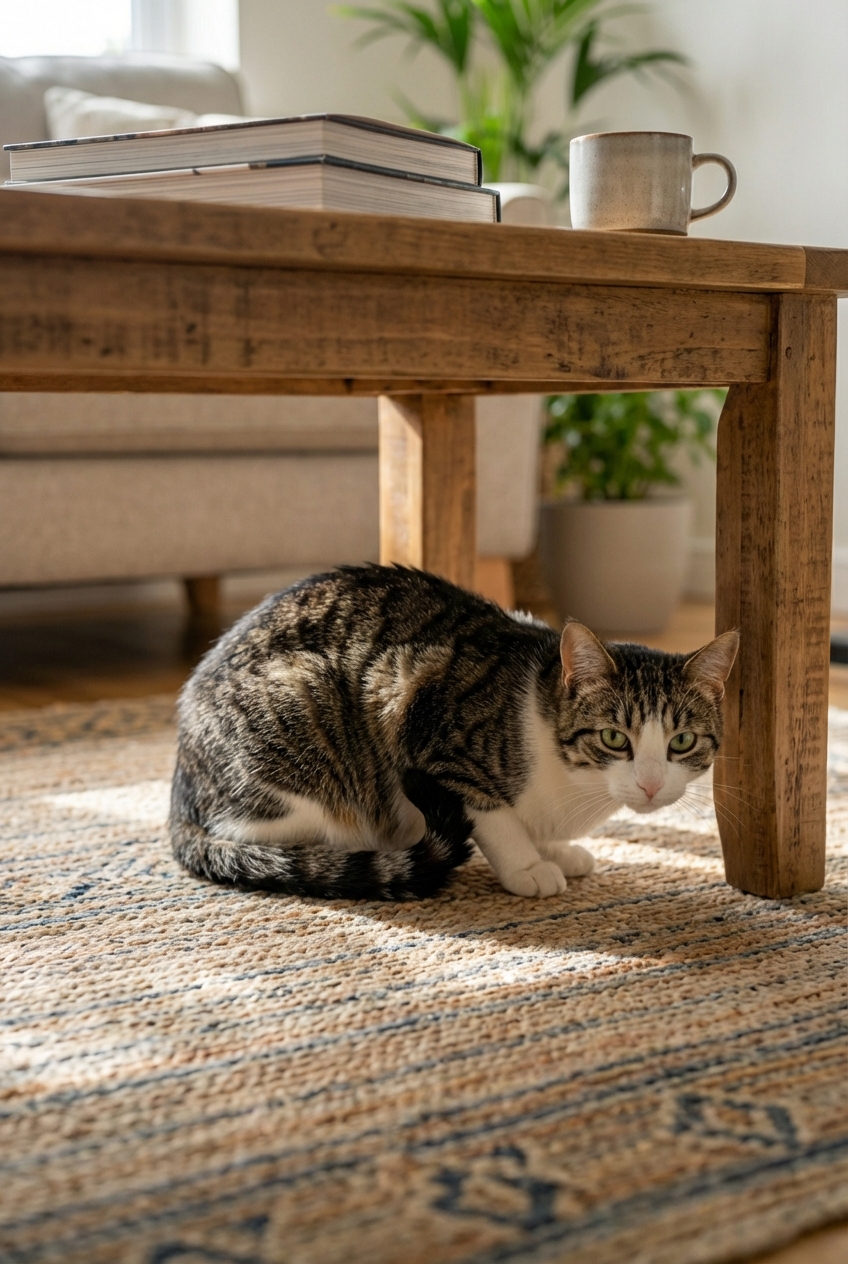 A cat crouched under a coffee table with its tail tucked close to its body