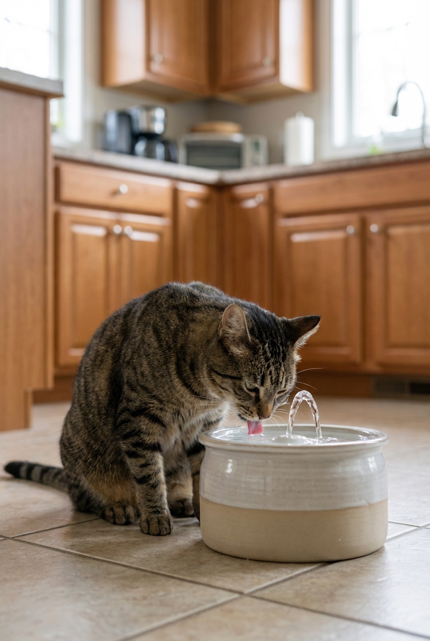 A cat drinking from a pet water fountain in a kitchen