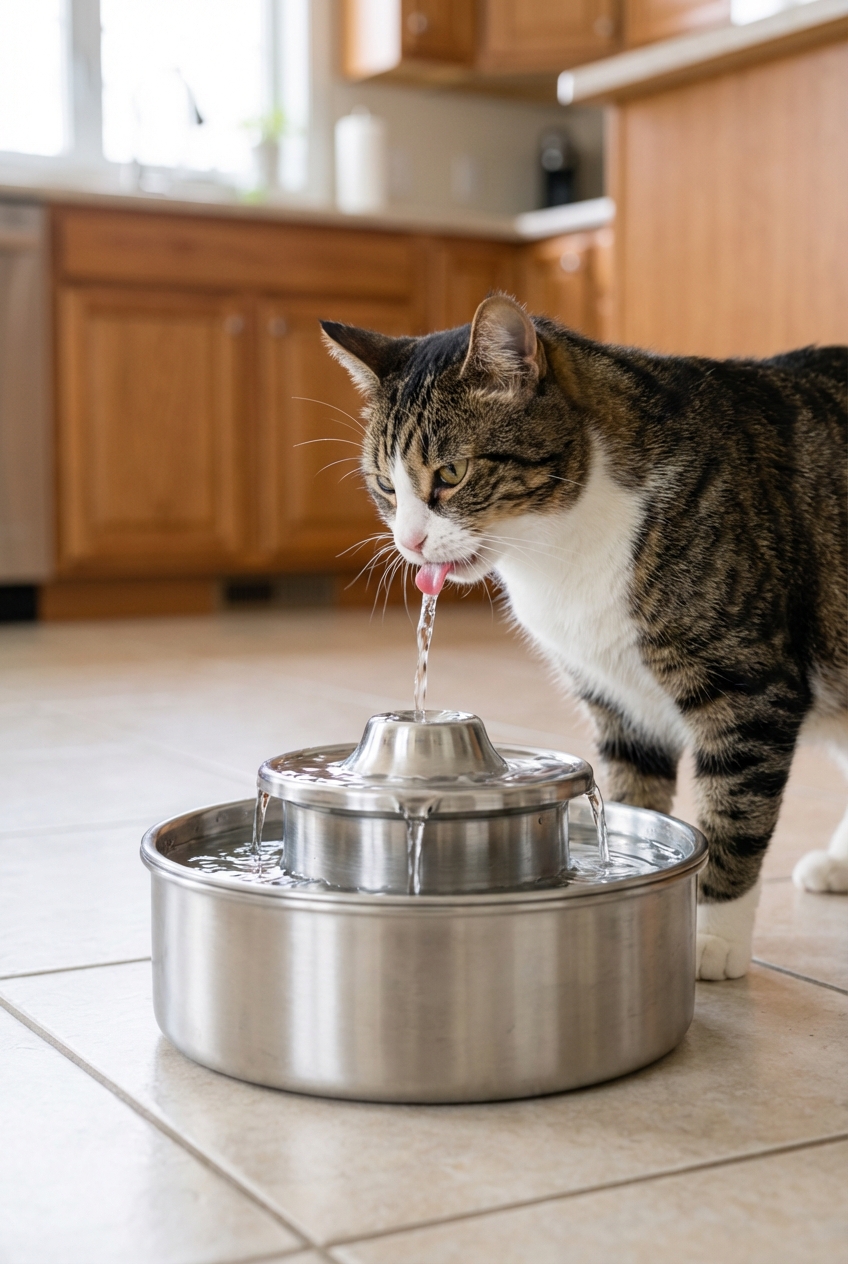 A cat drinking from a stainless steel pet water fountain on a kitchen floor