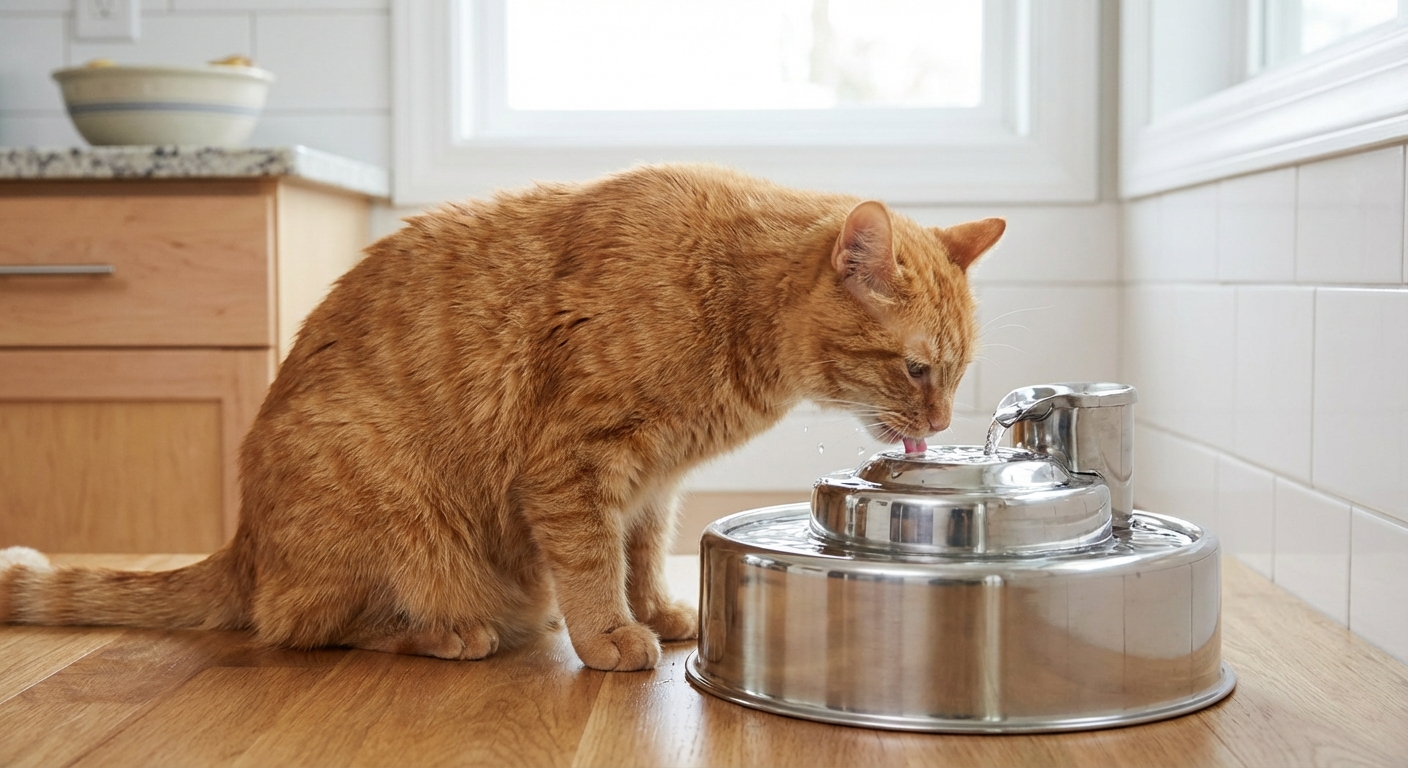 A cat drinking from a stainless steel pet water fountain in a kitchen