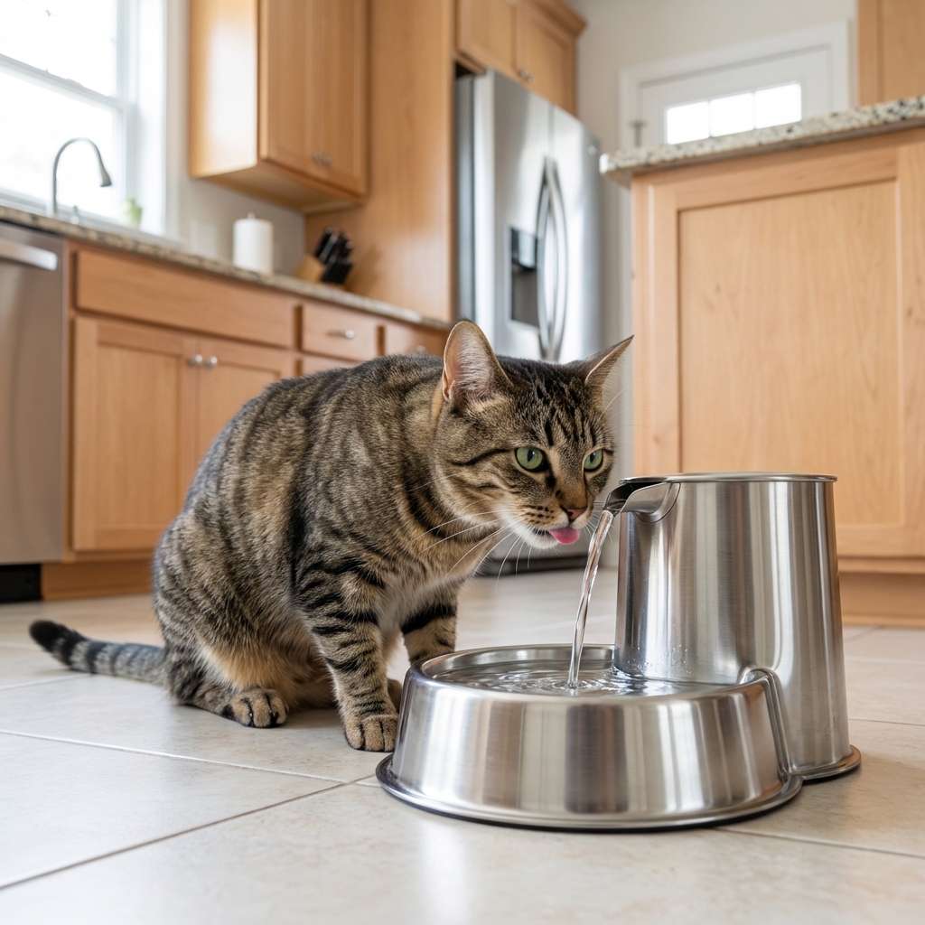 A cat drinking from a stainless steel pet water fountain in a kitchen