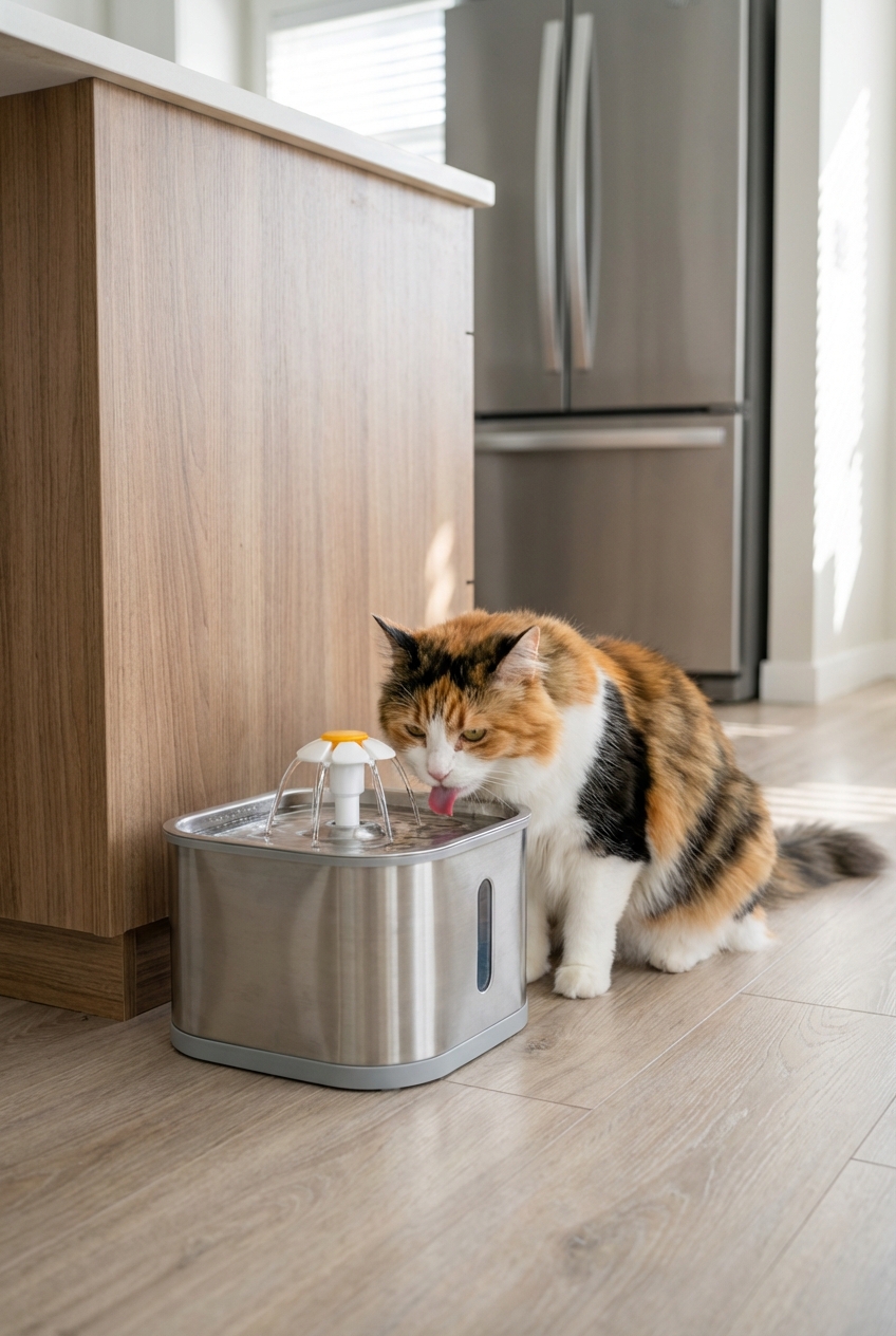 A cat drinking from a stainless steel pet water fountain on a kitchen floor